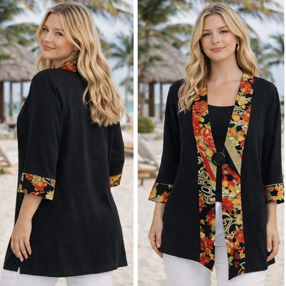 Soft Surroundings Black Kimono Jacket Floral Trim 3/4 Sleeve Women M Boho Chic